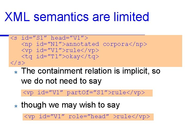 XML semantics are limited <s id=”S 1” head=”V 1”> <np id=”N 1”>annotated corpora</np> <vp