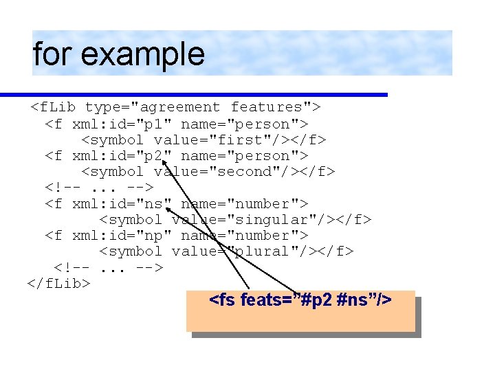 for example <f. Lib type="agreement features"> <f xml: id="p 1" name="person"> <symbol value="first"/></f> <f