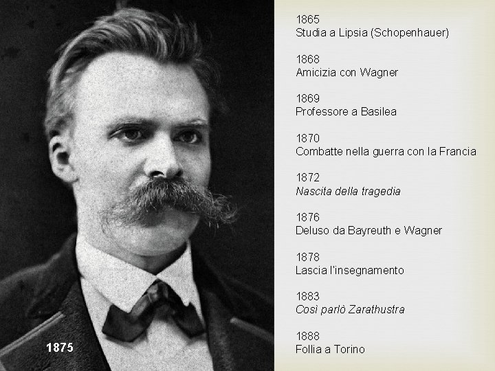 1865 Studia a Lipsia (Schopenhauer) 1868 Amicizia con Wagner 1869 Professore a Basilea 1870