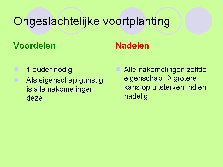 Ongeslachtelijke voortplanting Voordelen Nadelen l 1 ouder nodig l Als eigenschap gunstig is alle