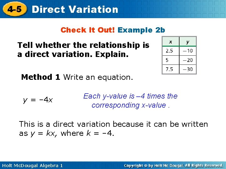 4 -5 Direct Variation Check It Out! Example 2 b Tell whether the relationship