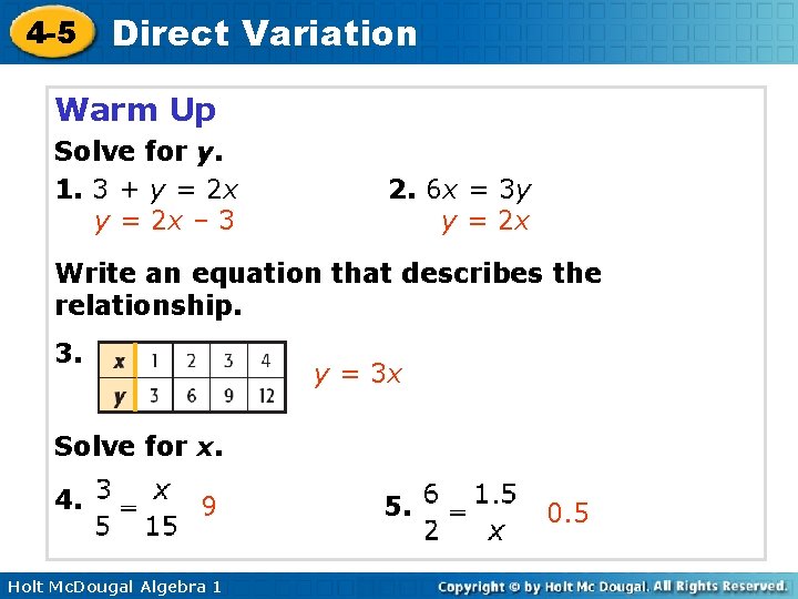 4 -5 Direct Variation Warm Up Solve for y. 1. 3 + y =