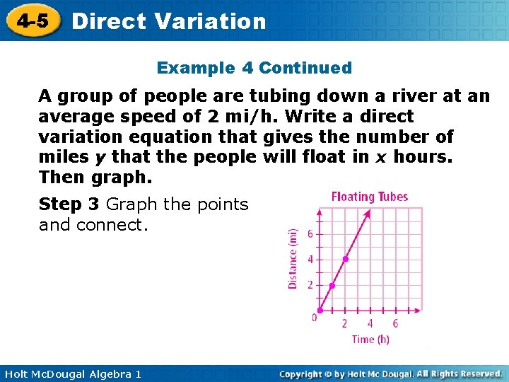 4 -5 Direct Variation Example 4 Continued A group of people are tubing down
