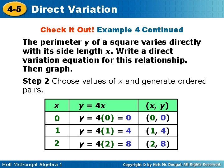 4 -5 Direct Variation Check It Out! Example 4 Continued The perimeter y of