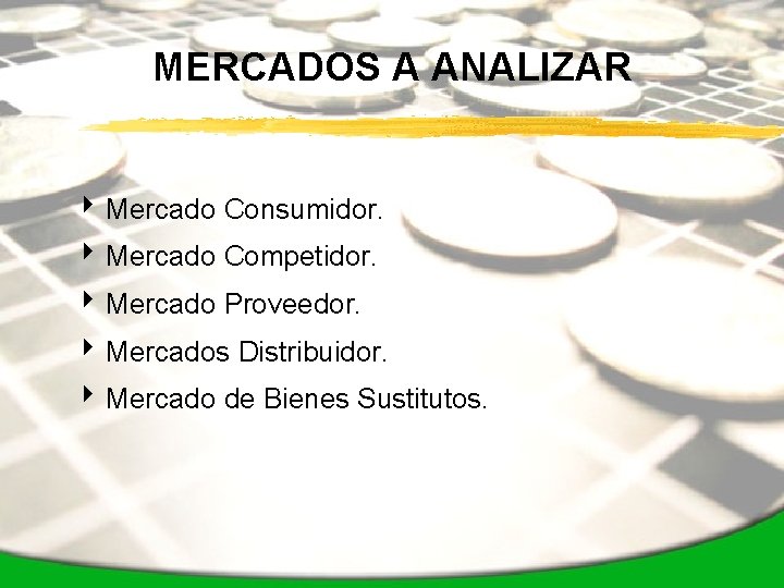 MERCADOS A ANALIZAR 4 Mercado Consumidor. 4 Mercado Competidor. 4 Mercado Proveedor. 4 Mercados