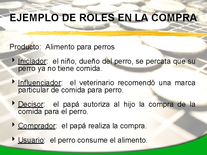 EJEMPLO DE ROLES EN LA COMPRA Producto: Alimento para perros 4 Iniciador: el niño,