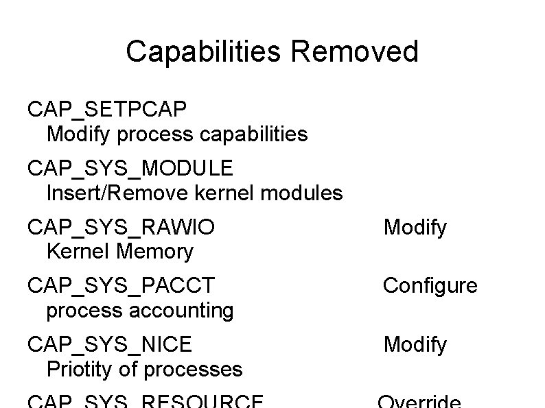 Capabilities Removed CAP_SETPCAP Modify process capabilities CAP_SYS_MODULE Insert/Remove kernel modules CAP_SYS_RAWIO Kernel Memory Modify