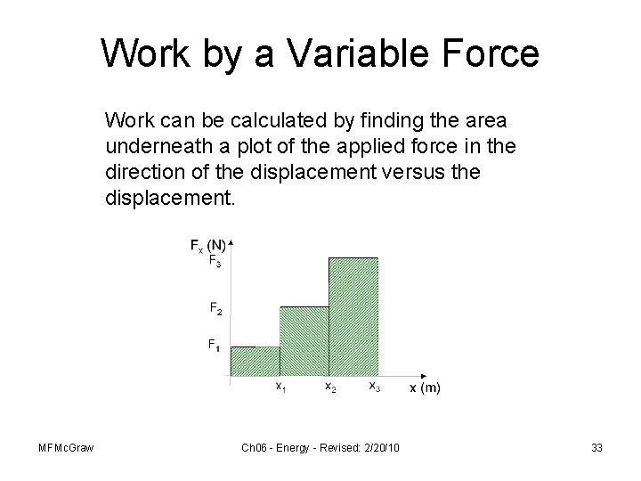 Work by a Variable Force Work can be calculated by finding the area underneath