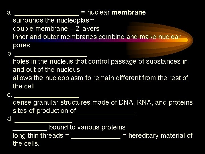 a. _________ = nuclear membrane surrounds the nucleoplasm double membrane – 2 layers inner