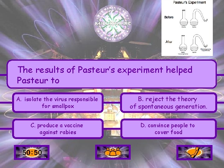 The results of Pasteur’s experiment helped Pasteur to A. isolate the virus responsible for