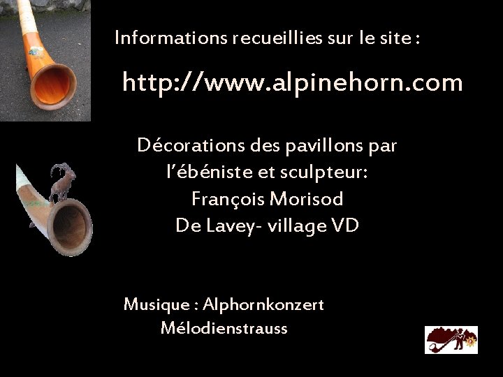 Informations recueillies sur le site : http: //www. alpinehorn. com Décorations des pavillons par