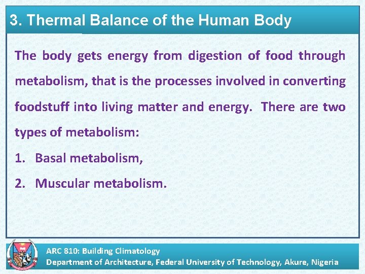 3. Thermal Balance of the Human Body The body gets energy from digestion of