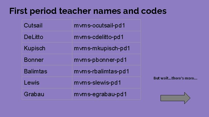 First period teacher names and codes Cutsail mvms-ocutsail-pd 1 De. Litto mvms-cdelitto-pd 1 Kupisch