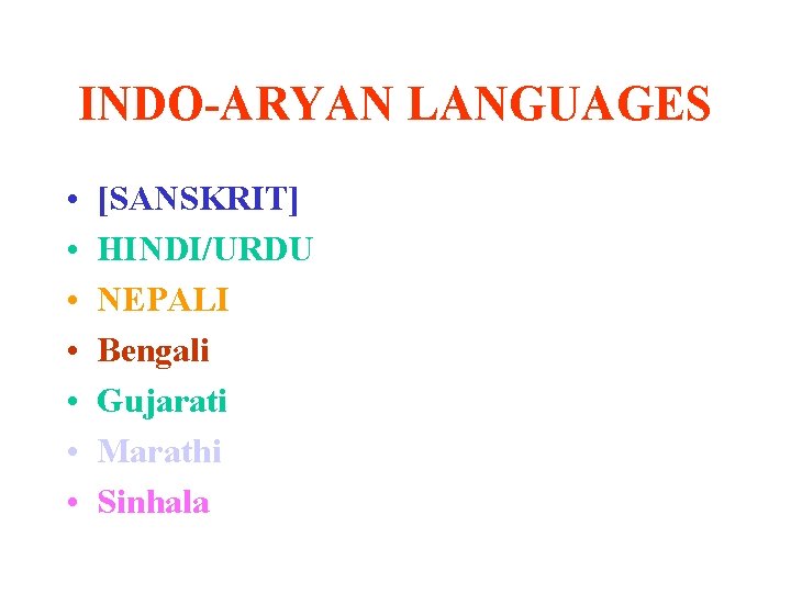 INDO-ARYAN LANGUAGES • • [SANSKRIT] HINDI/URDU NEPALI Bengali Gujarati Marathi Sinhala 