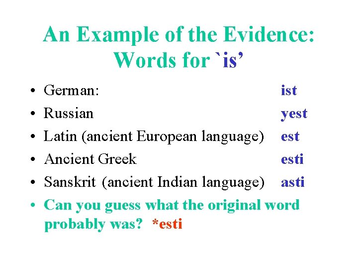 An Example of the Evidence: Words for `is’ • • • German: ist Russian