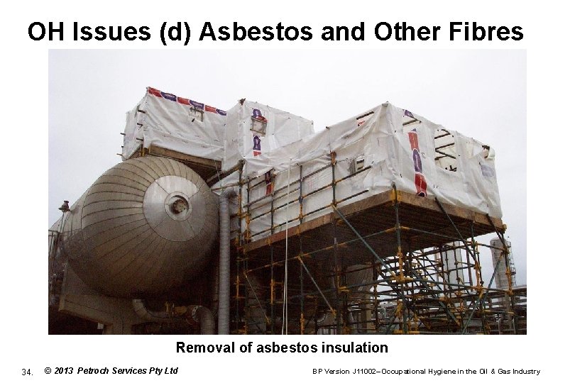 OH Issues (d) Asbestos and Other Fibres Removal of asbestos insulation 34. © 2013