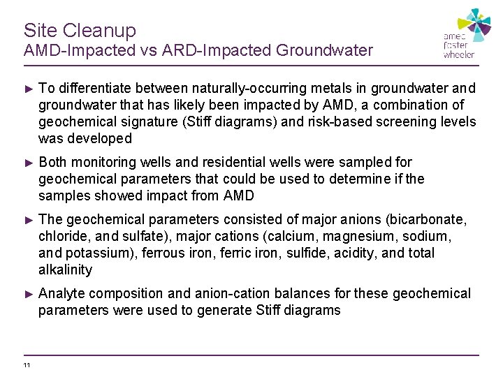 Site Cleanup AMD-Impacted vs ARD-Impacted Groundwater ► To differentiate between naturally-occurring metals in groundwater