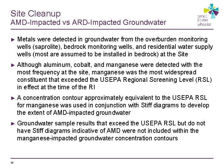 Site Cleanup AMD-Impacted vs ARD-Impacted Groundwater ► Metals were detected in groundwater from the