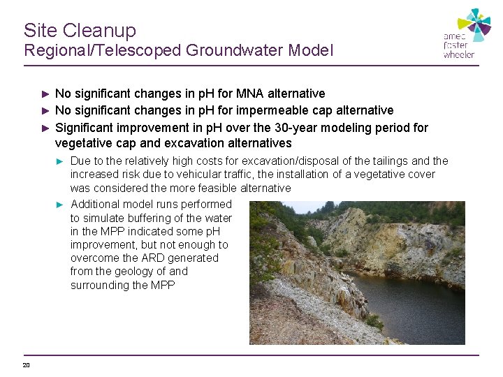 Site Cleanup Regional/Telescoped Groundwater Model No significant changes in p. H for MNA alternative