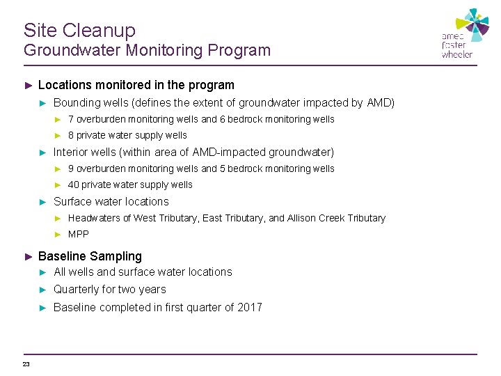 Site Cleanup Groundwater Monitoring Program ► Locations monitored in the program ► Bounding wells