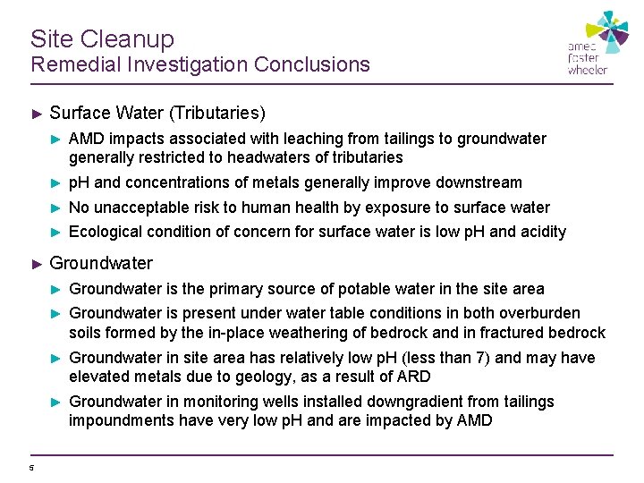 Site Cleanup Remedial Investigation Conclusions ► Surface Water (Tributaries) ► AMD impacts associated with