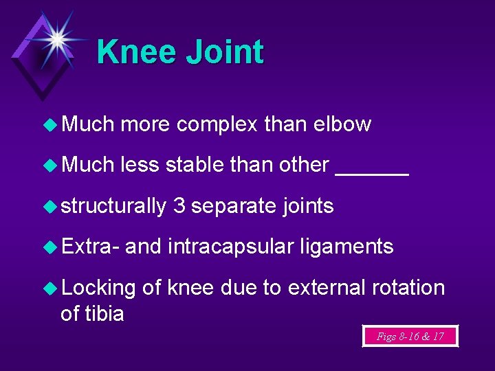 Knee Joint Much more complex than elbow Much less stable than other ______ structurally