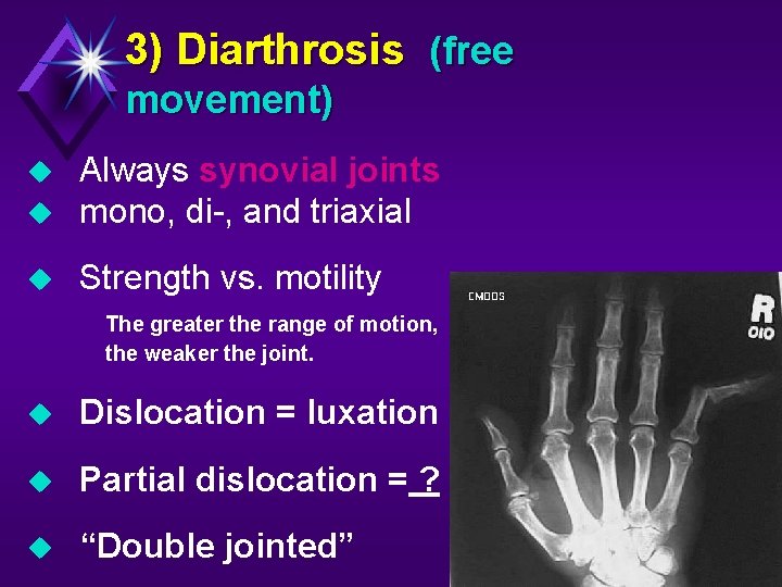 3) Diarthrosis (free movement) Always synovial joints mono, di-, and triaxial Strength vs. motility