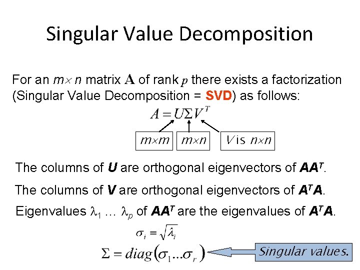 Singular Value Decomposition For an m n matrix A of rank p there exists