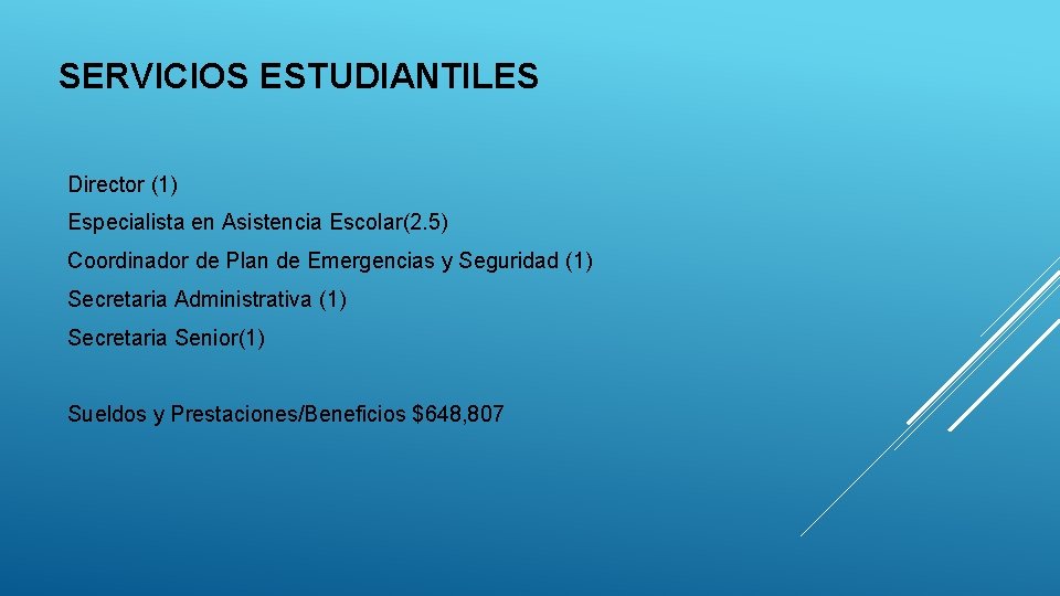 SERVICIOS ESTUDIANTILES Director (1) Especialista en Asistencia Escolar(2. 5) Coordinador de Plan de Emergencias SERVICIOS ESTUDIANTILES Director (1) Especialista en Asistencia Escolar(2. 5) Coordinador de Plan de Emergencias
