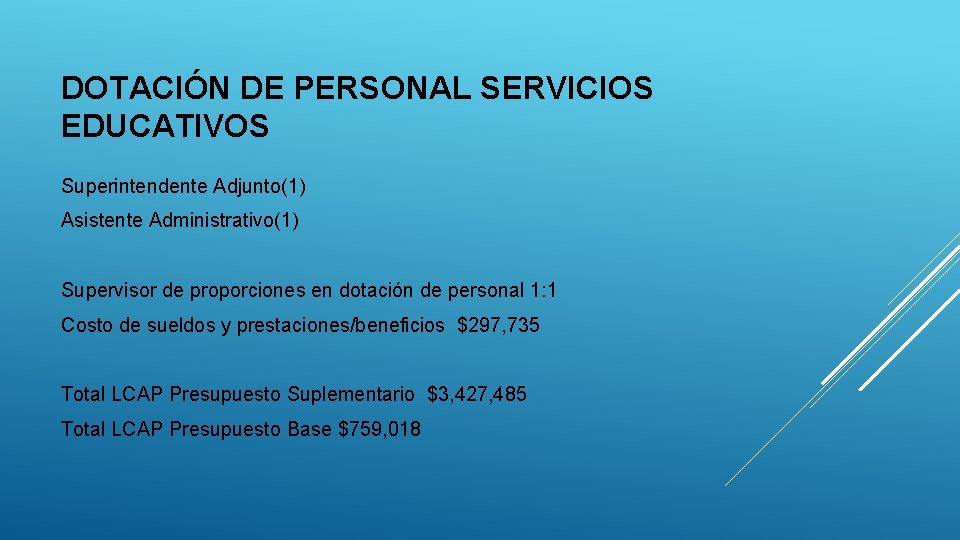 DOTACIÓN DE PERSONAL SERVICIOS EDUCATIVOS Superintendente Adjunto(1) Asistente Administrativo(1) Supervisor de proporciones en dotación DOTACIÓN DE PERSONAL SERVICIOS EDUCATIVOS Superintendente Adjunto(1) Asistente Administrativo(1) Supervisor de proporciones en dotación