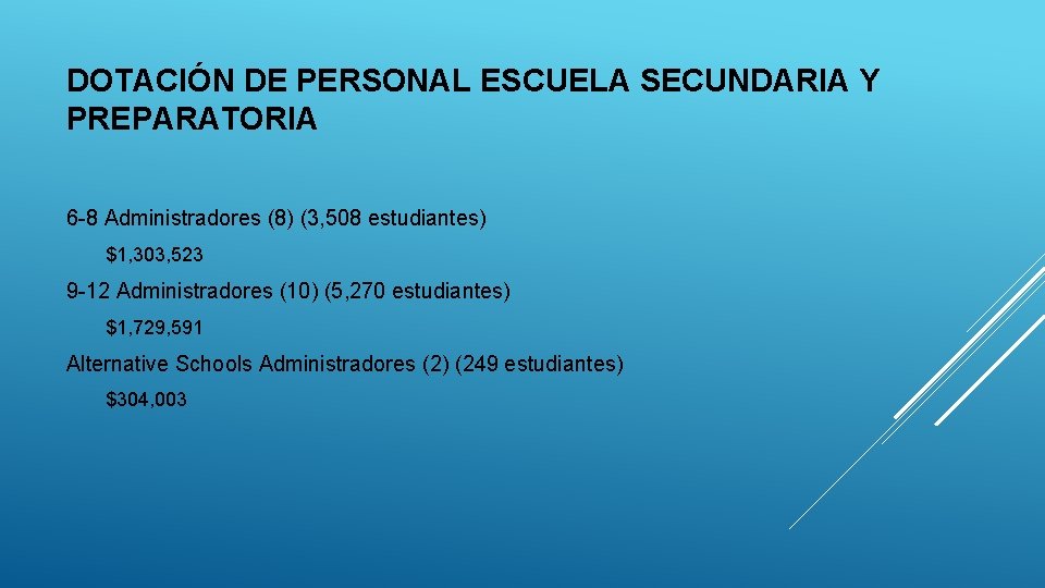 DOTACIÓN DE PERSONAL ESCUELA SECUNDARIA Y PREPARATORIA 6 -8 Administradores (8) (3, 508 estudiantes) DOTACIÓN DE PERSONAL ESCUELA SECUNDARIA Y PREPARATORIA 6 -8 Administradores (8) (3, 508 estudiantes)