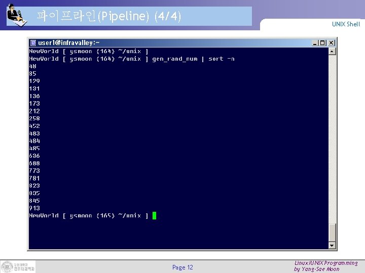 파이프라인(Pipeline) (4/4) Page 12 UNIX Shell Linux/UNIX Programming by Yang-Sae Moon 