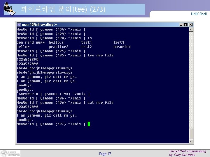 파이프라인 분리(tee) (2/3) Page 17 UNIX Shell Linux/UNIX Programming by Yang-Sae Moon 