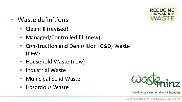  • Waste definitions • Cleanfill (revised) • Managed/Controlled fill (new) • Construction and