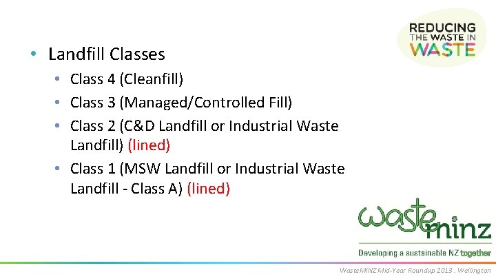  • Landfill Classes • Class 4 (Cleanfill) • Class 3 (Managed/Controlled Fill) •