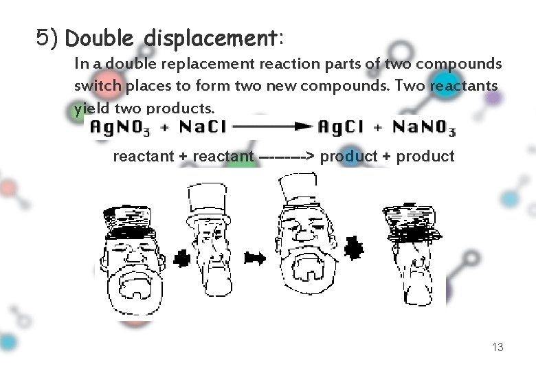 5) Double displacement: In a double replacement reaction parts of two compounds switch places