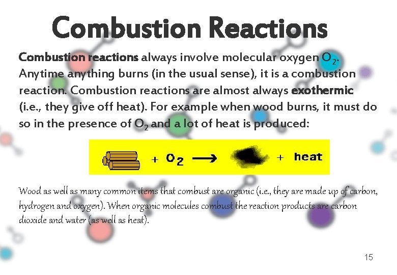 Combustion Reactions Combustion reactions always involve molecular oxygen O 2. Anytime anything burns (in