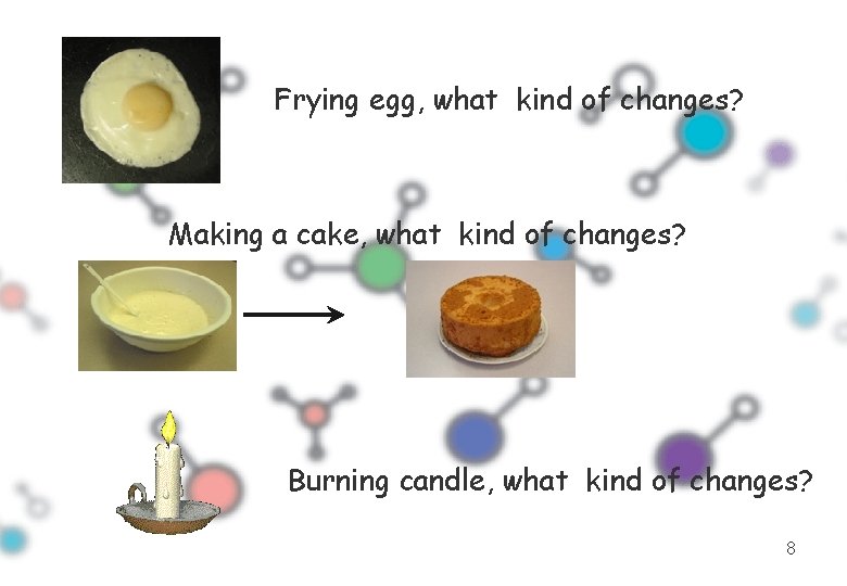 Frying egg, what kind of changes? Making a cake, what kind of changes? Burning