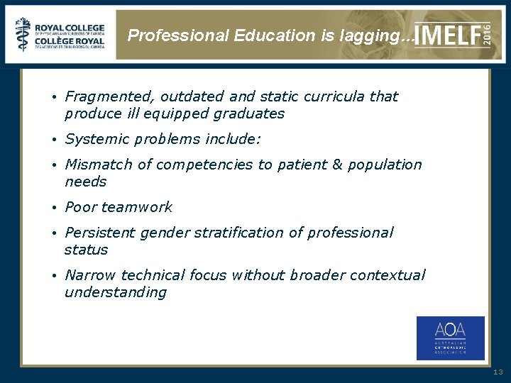 Professional Education is lagging… • Fragmented, outdated and static curricula that produce ill equipped