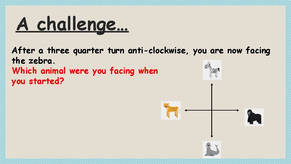 A challenge… After a three quarter turn anti-clockwise, you are now facing the zebra.