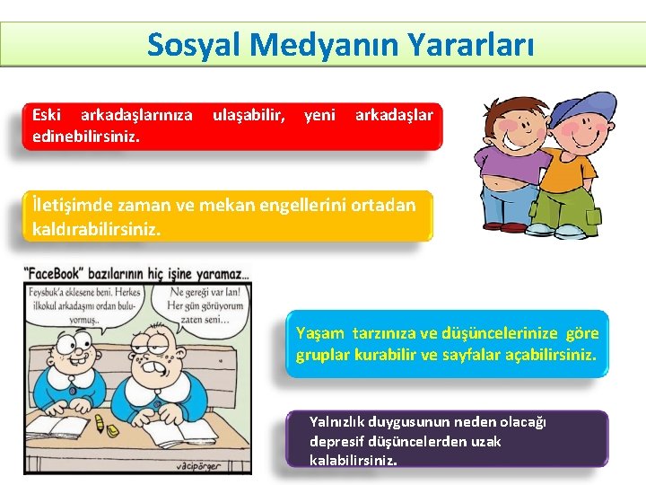 Sosyal Medyanın Yararları Eski arkadaşlarınıza edinebilirsiniz. ulaşabilir, yeni arkadaşlar İletişimde zaman ve mekan engellerini