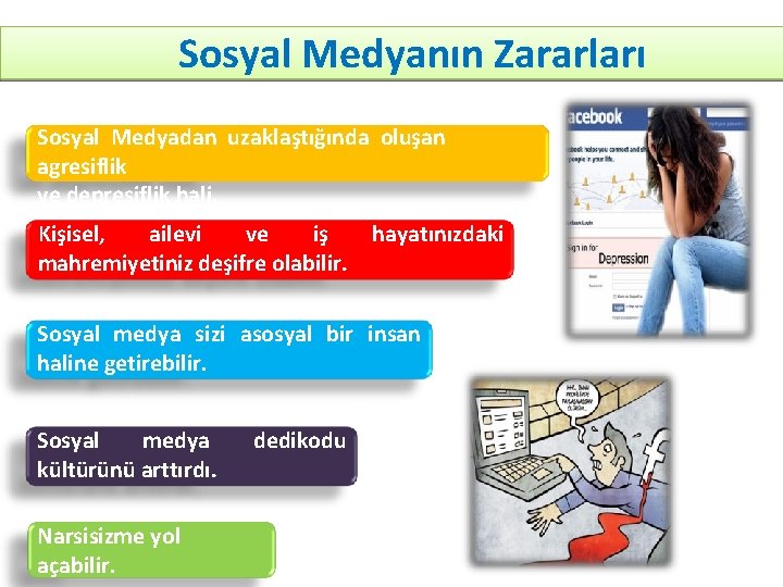 Sosyal Medyanın Zararları Sosyal Medyadan uzaklaştığında oluşan agresiflik ve depresiflik hali. Kişisel, ailevi ve