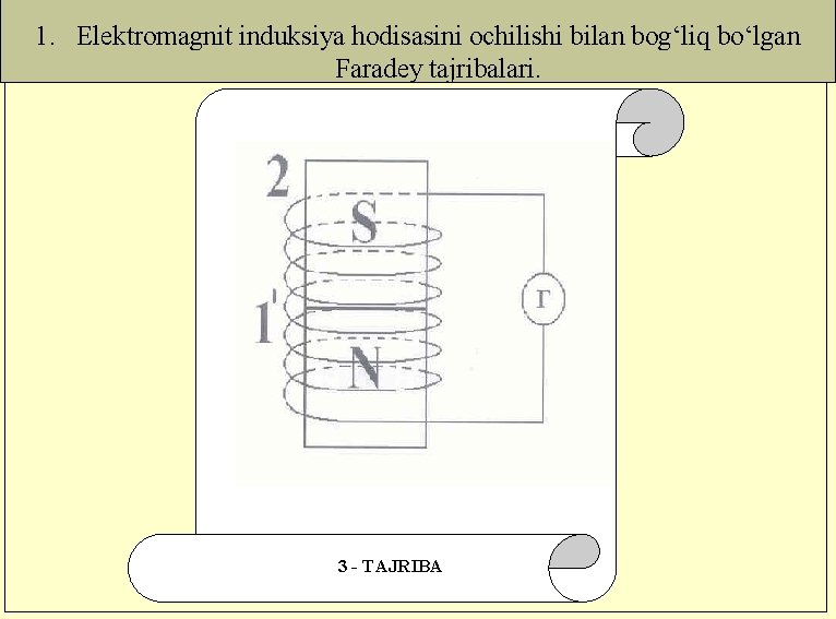 1. Elektromagnit induksiya hodisasini ochilishi bilan bog‘liq bo‘lgan Faradey tajribalari. 3 - TAJRIBA 