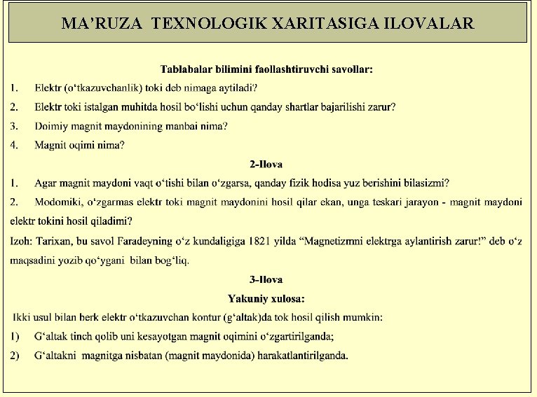 MA’RUZA TEXNOLOGIK XARITASIGA ILOVALAR 