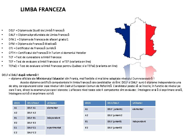 LIMBA FRANCEZA • • • DELF = Diploma de Studii de Limbă Franceză DALF