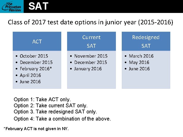 SAT Class of 2017 test date options in junior year (2015 -2016) ACT •