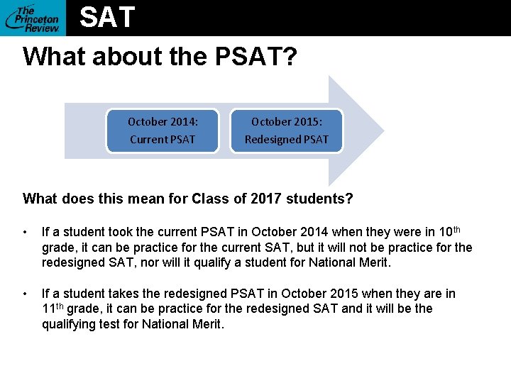 SAT What about the PSAT? October 2014: Current PSAT October 2015: Redesigned PSAT What