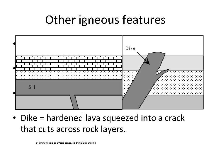 Other igneous features • Sometimes magma does not reach the surface, but hardens in