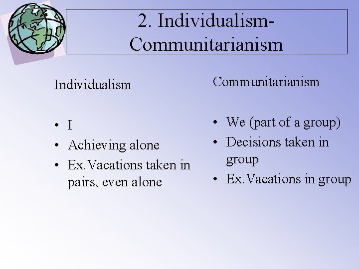 2. Individualism. Communitarianism Individualism Communitarianism • I • Achieving alone • Ex. Vacations taken