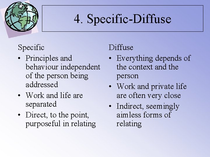 4. Specific-Diffuse Specific • Principles and behaviour independent of the person being addressed •